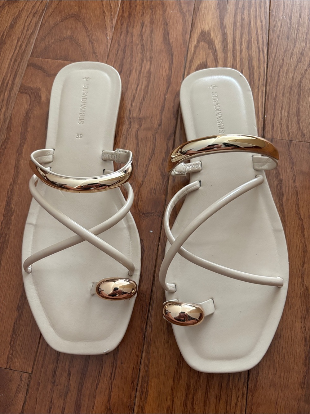 Women's Cream Strappy Slide Sandals with Gold Accent